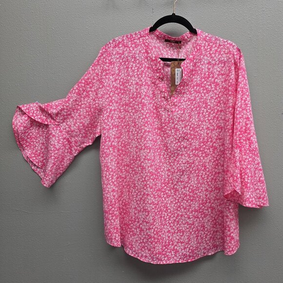 Gaharu Tops - Gaharu Shirt Womens 2XL Pink Floral Split V Neck Bell Sleeve Flutter Blouse